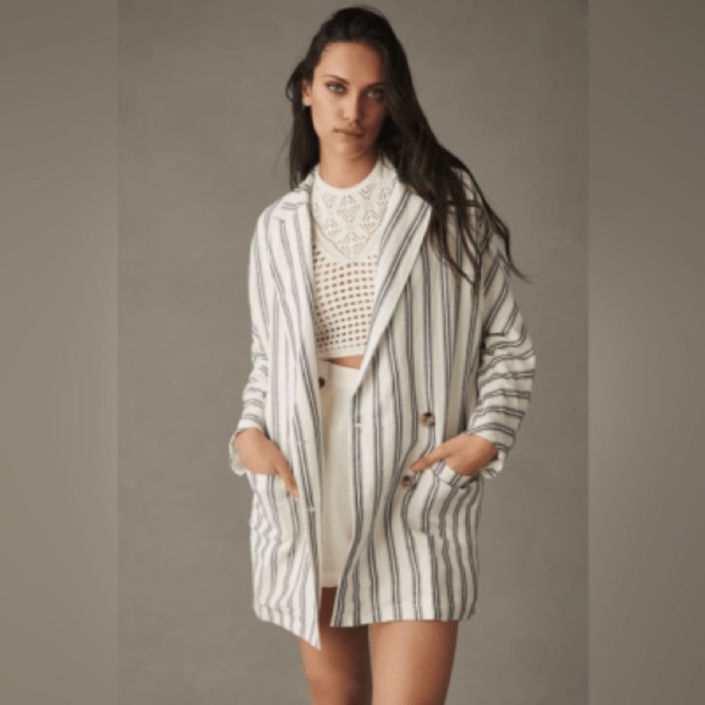Pilcro by Anthropologie Dolman Sleeve Linen Blend Striped Blazer with Pockets